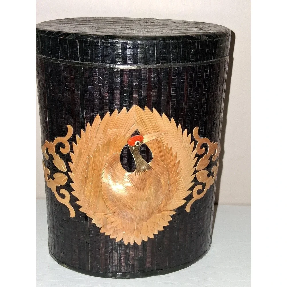 Vintage Asian Straw Art Crane Bamboo Tea Canister Box w Lid 5.5